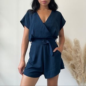 Navy Blue V-Neck Romper with Belt